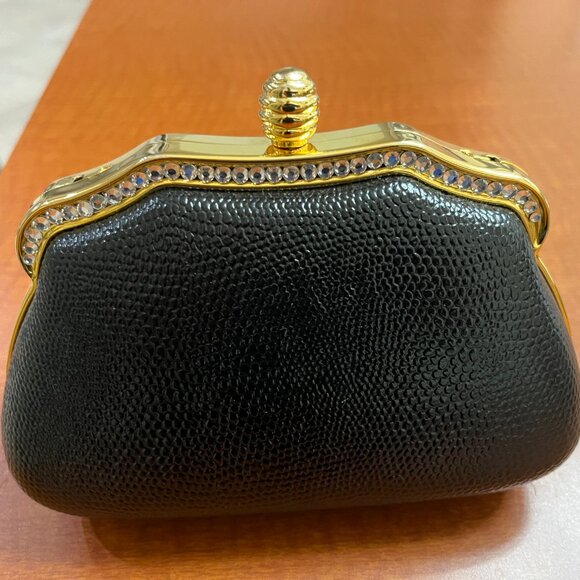 VTG BLACK LEATHER AND RHINESTONE EVENING BAG - RETRACTABLE HANDLE AND LONG CHAIN - Picture 4 of 13